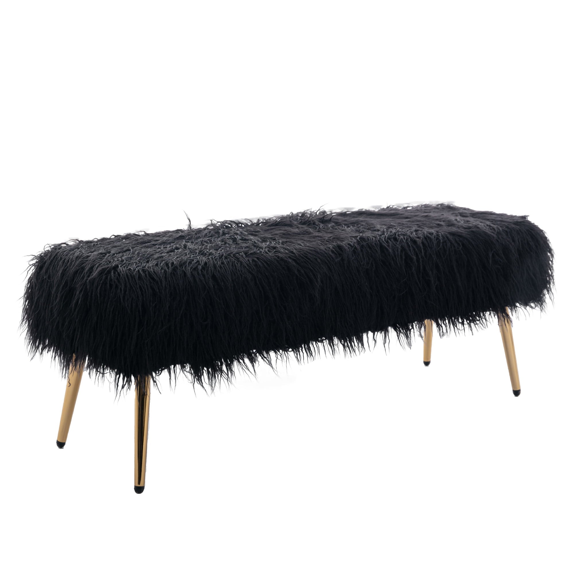 Seizeen Black Faux Fur Plush Bench, Modern Fluffy Upholstered Bench with Gold Metal Legs, End of Bed Long Ottoman Bench, for Entryway, Bedroom, Living Room, L0462