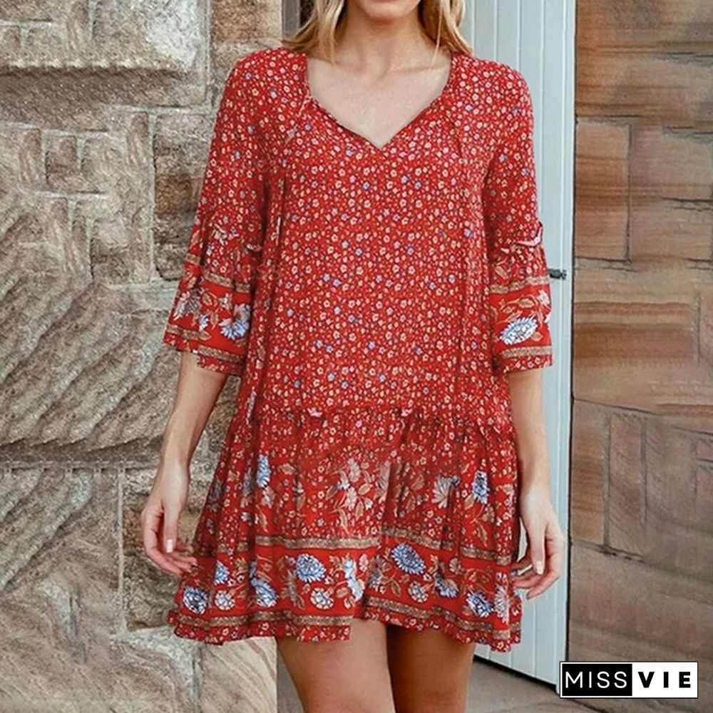 Women Loose Casual Holiday V Neck Floral Printed Sundress Ruffle Beach Mini Shirt Dress Plus