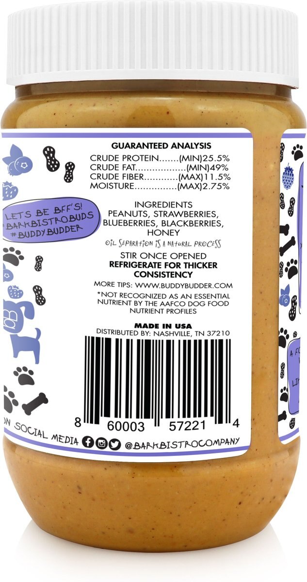 Bark Bistro Company Buddy Budder Superberry Snoot Peanut Butter Lickable Dog Treat， 17-oz jar