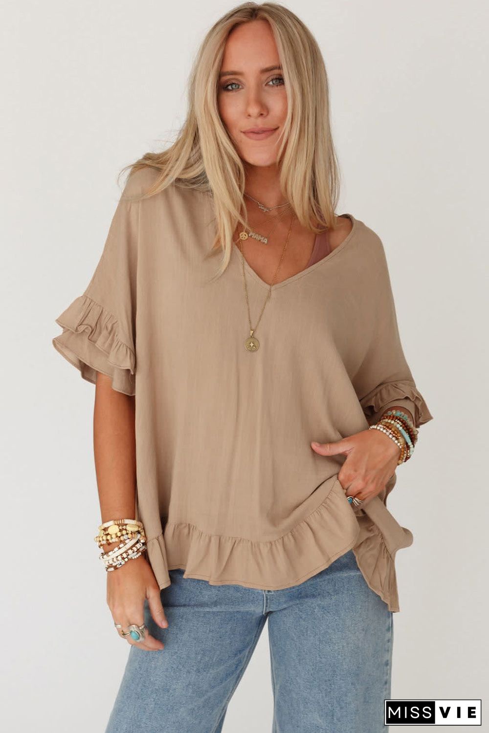 Light French Beige Loose Ruffled V Neck Blouse