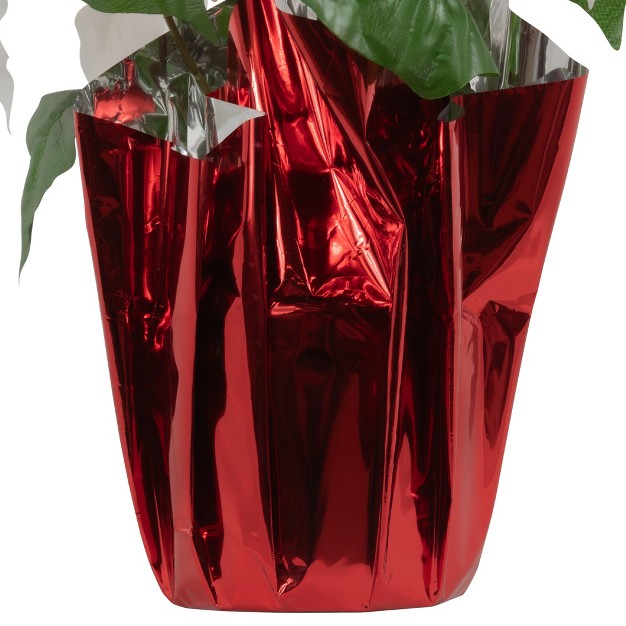 White Artificial Christmas Poinsettia With Red Wrapped Base