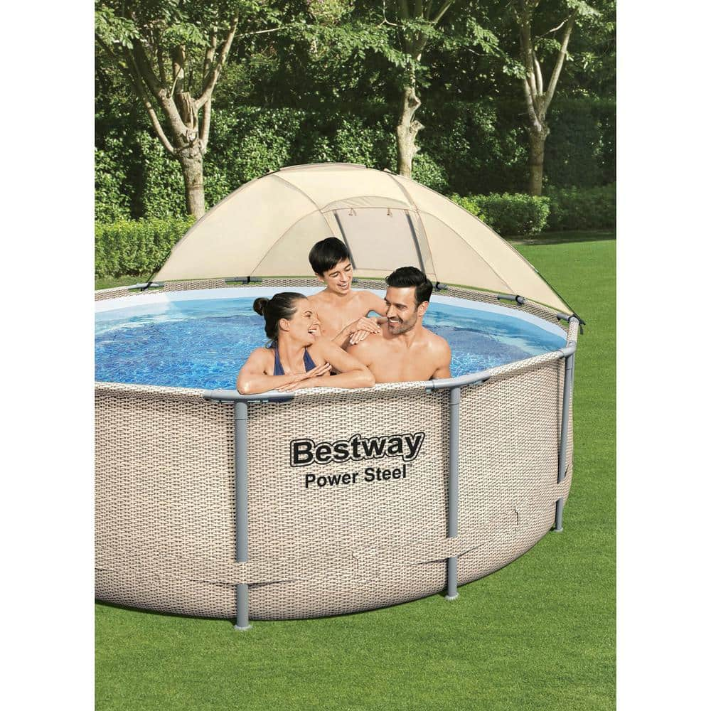 Bestway 13 ft. x 13 ft. Round 42 in. Deep Metal Frame Above Ground Outdoor Swimming Pool Set with Canopy 5614UE-BW