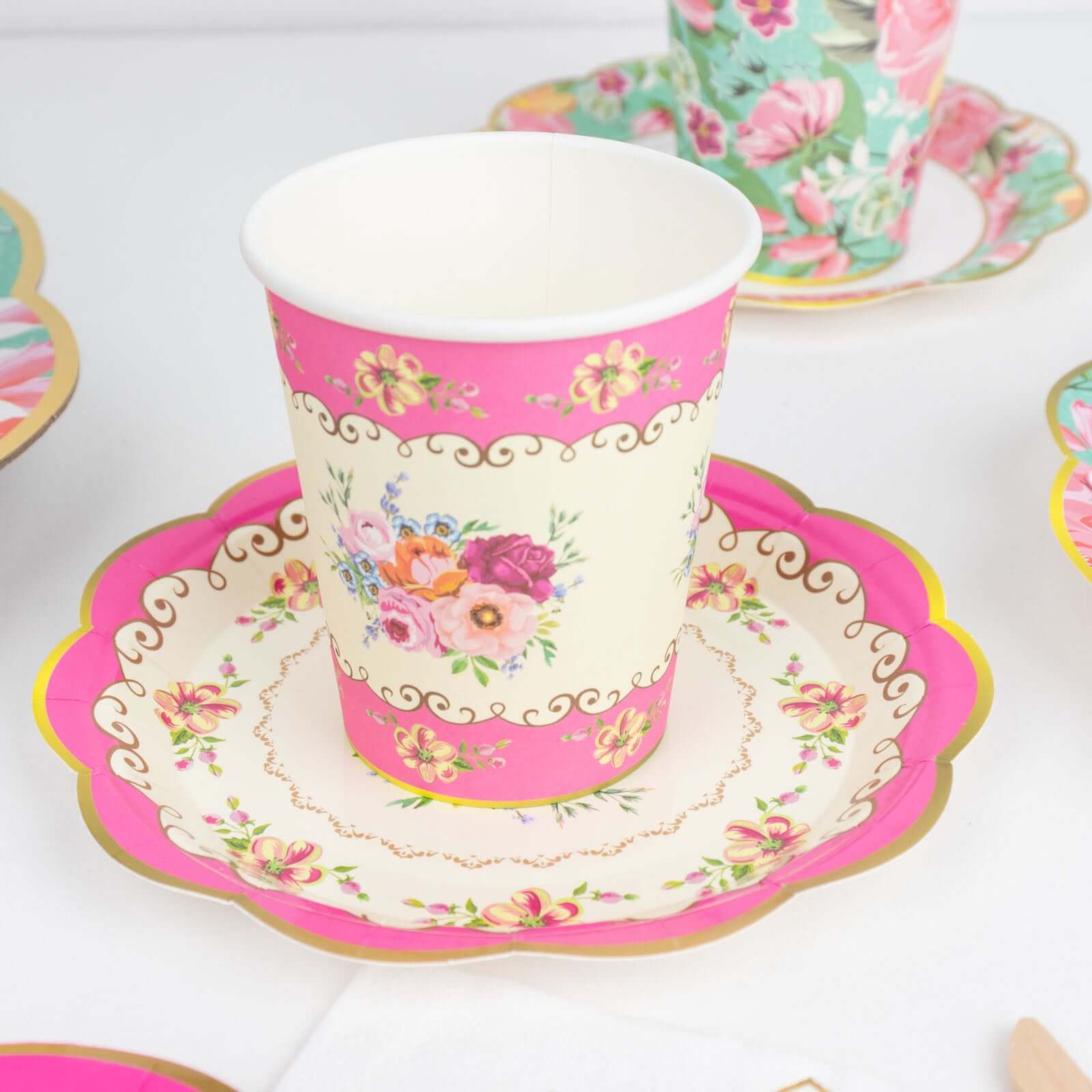 24 Pack Vintage Mixed Floral Paper Cup And Saucer Set, Disposable Tea Party Supplies Kit