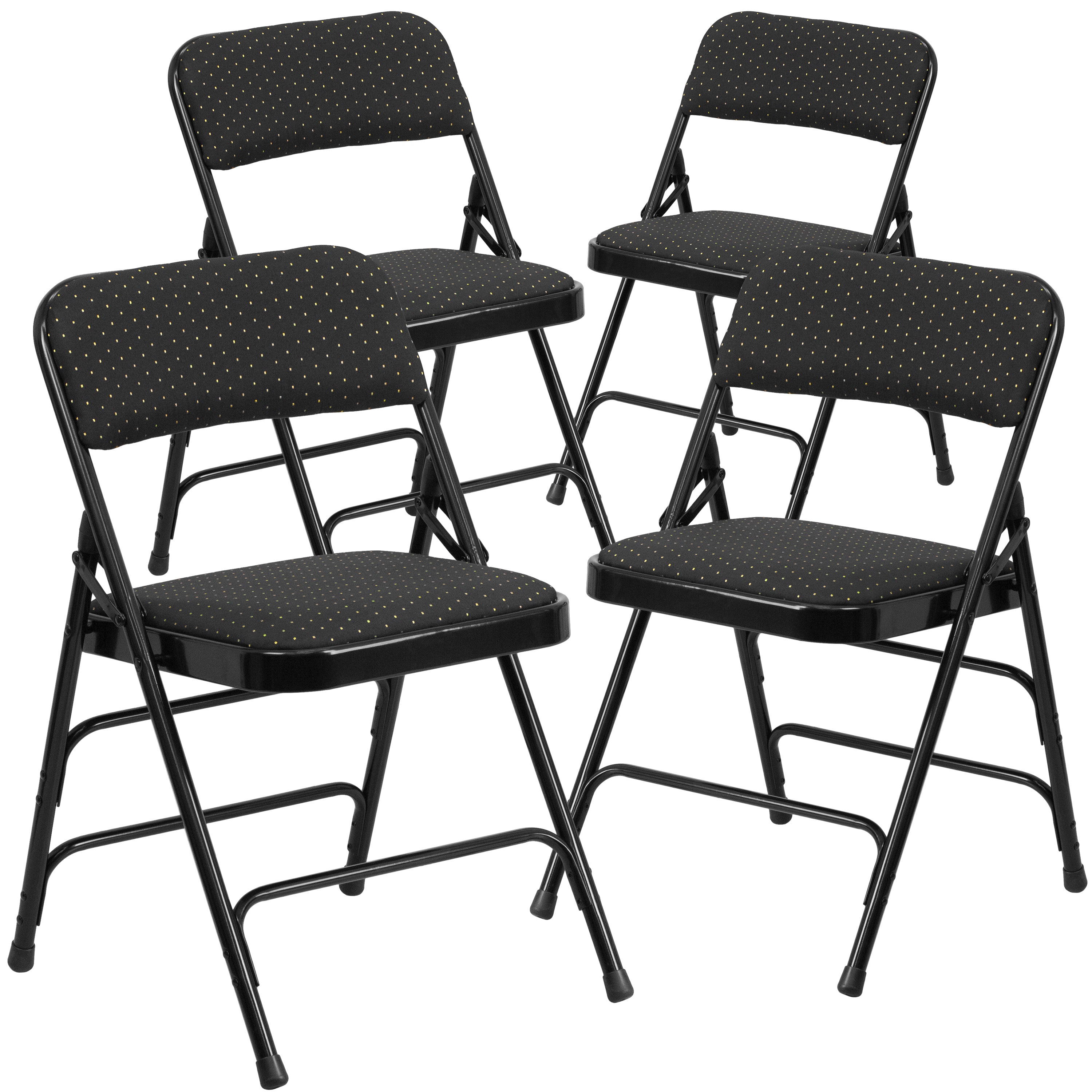 BizChair 4 Pack Curved Triple Braced & Double Hinged Black Patterned Fabric Metal Folding Chair