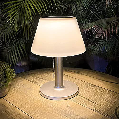 Solar Table Lamp Outdoor Indoor - 3 Lighting Modes， Eye-Caring LED Waterproof Cordless Solar Desk Lamp with Pull Chain for Outside Patio Garden Bedroom Living Room(White Modern Decor)