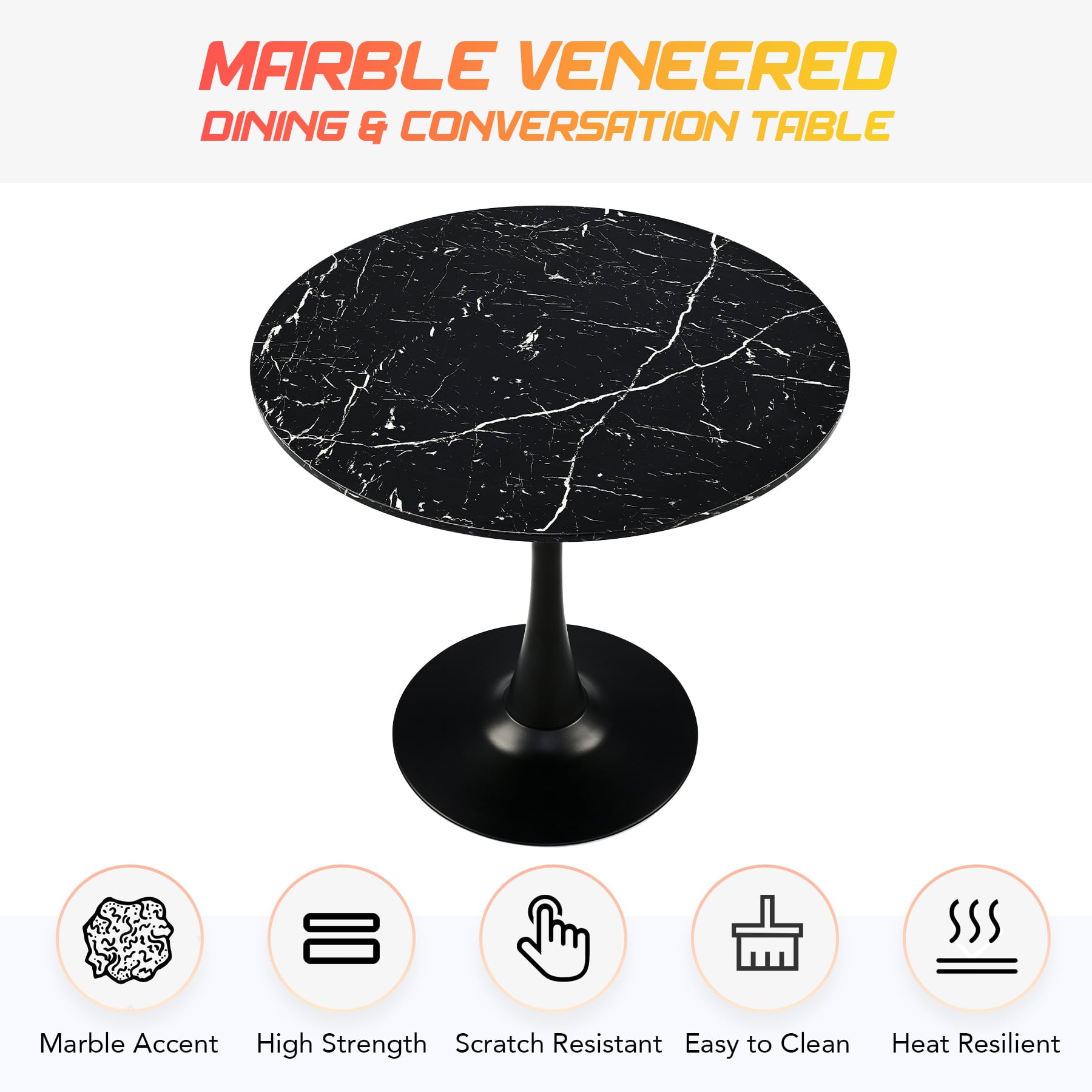 32 Inch Round Kitchen & Dining Room Table w Marble Desktop Tulip Pedestal Black