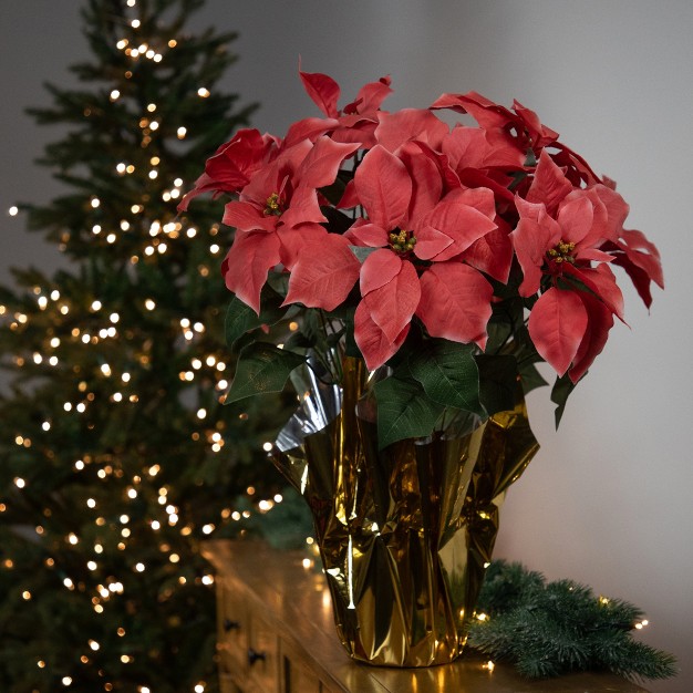 Dark Pink Artificial Christmas Poinsettia With Gold Wrapped Base