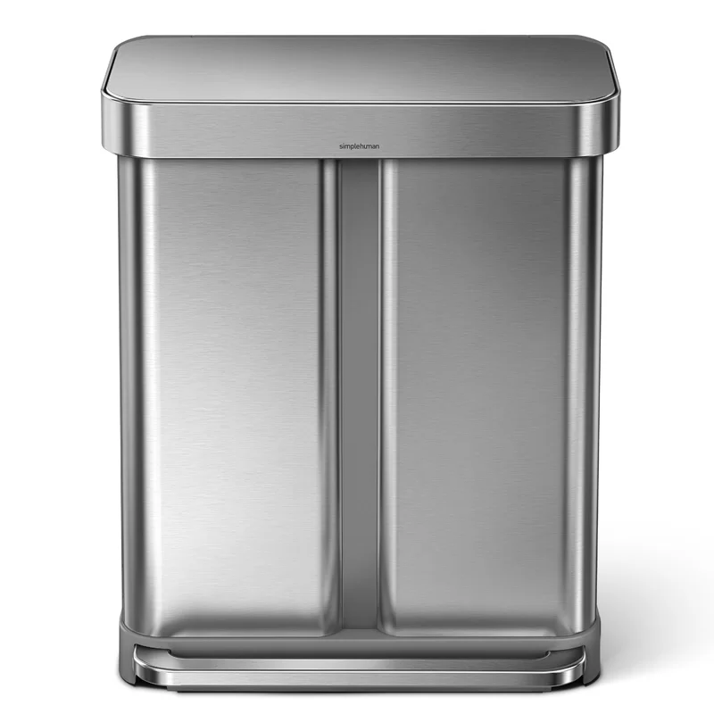 simplehuman 58 Liter / 15.3 Gallon Rectangular Hands-Free Dual Compartment Recycling Kitchen Step Trash Can with Soft-Close Lid， Brushed Stainless Steel