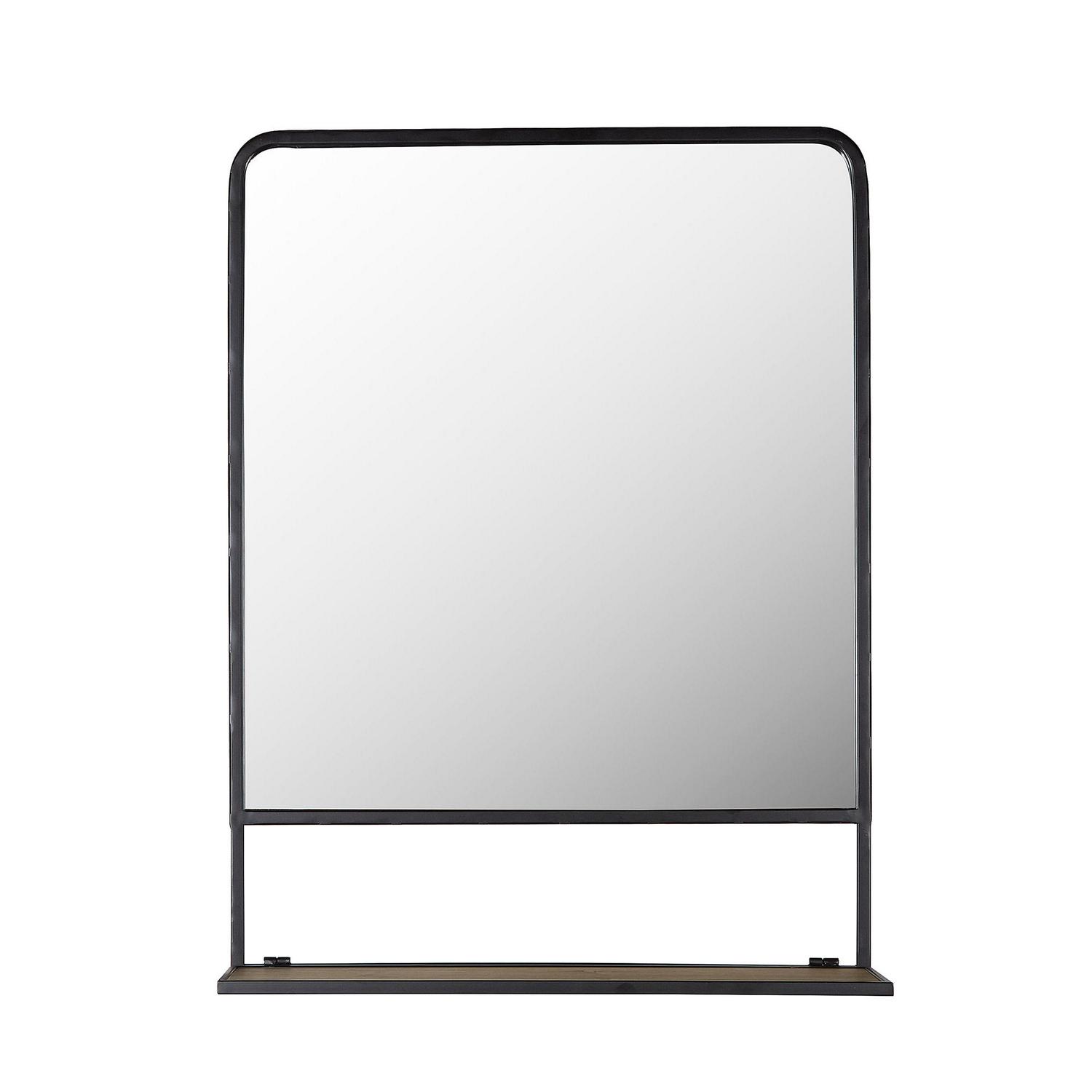 Better Homes and Gardens 24  x 32  Industrial Metal Vanity Wall Mirror with Foldable Wood Shelf Black  Crowdfused