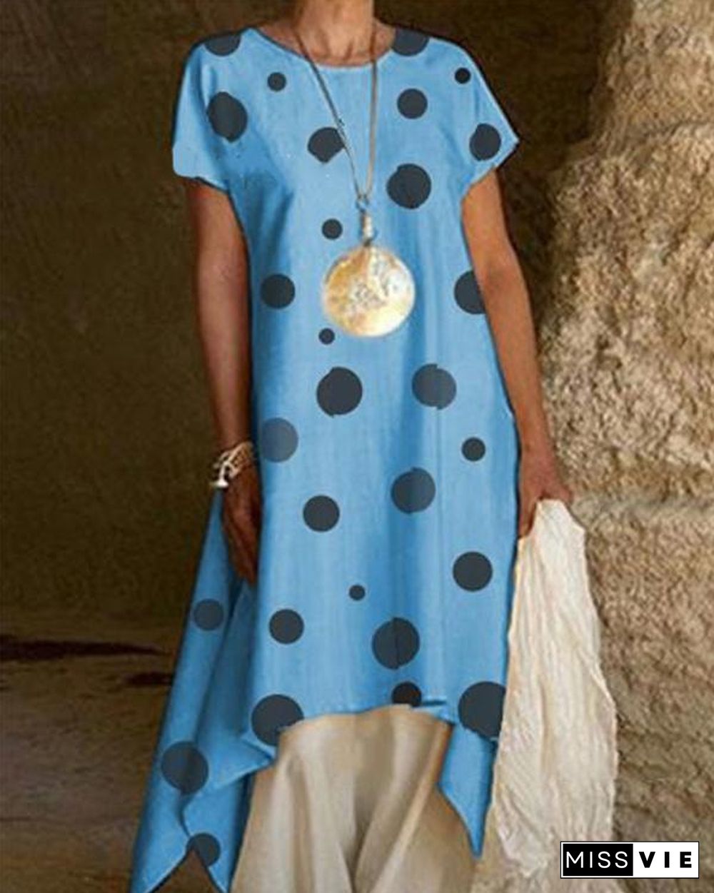 Fashion Crew Neck Polka Dot Irregular Maxi Dress