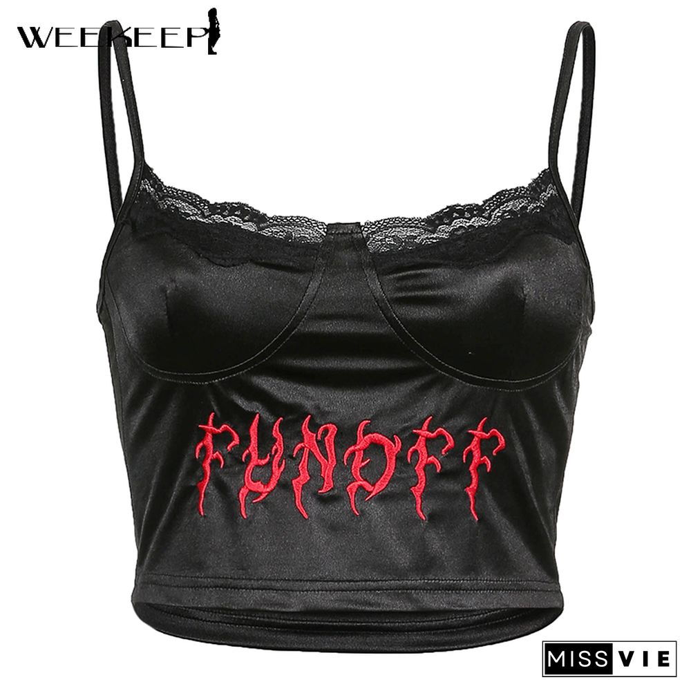 Gothic Punk Black Lace Frill Crop Top Summer Backless Spaghetti Strap Camisole Tee Women Embroidery Letter Vest Harajuku