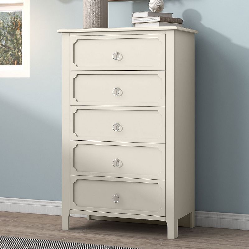 Merax Milky White Rubber Wooden Chest Five Large Drawers