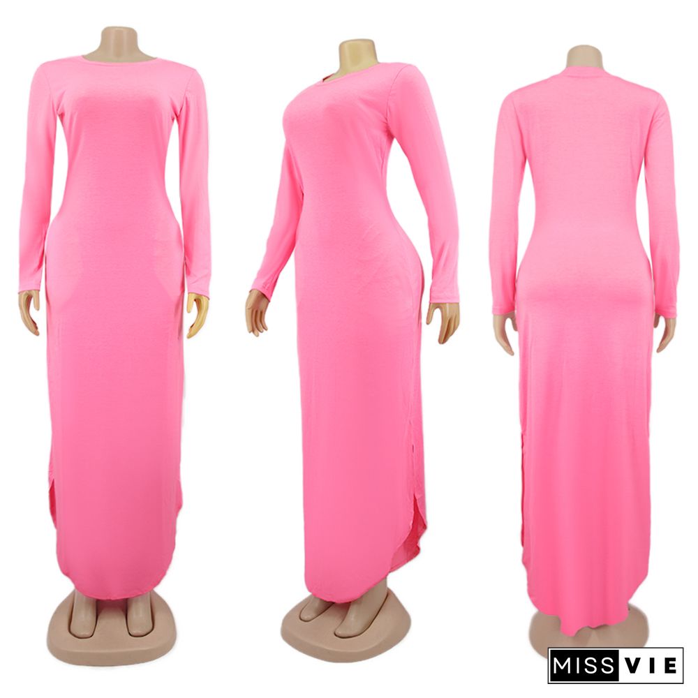 Autumn Round Neck Long-sleeved Floor-length Slit Dress