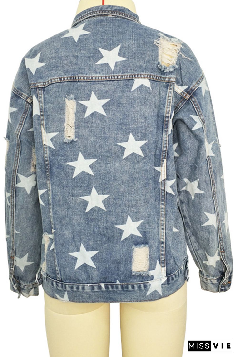 Stars Print Buttons Front Ripped Denim Jacket Women Wholesale