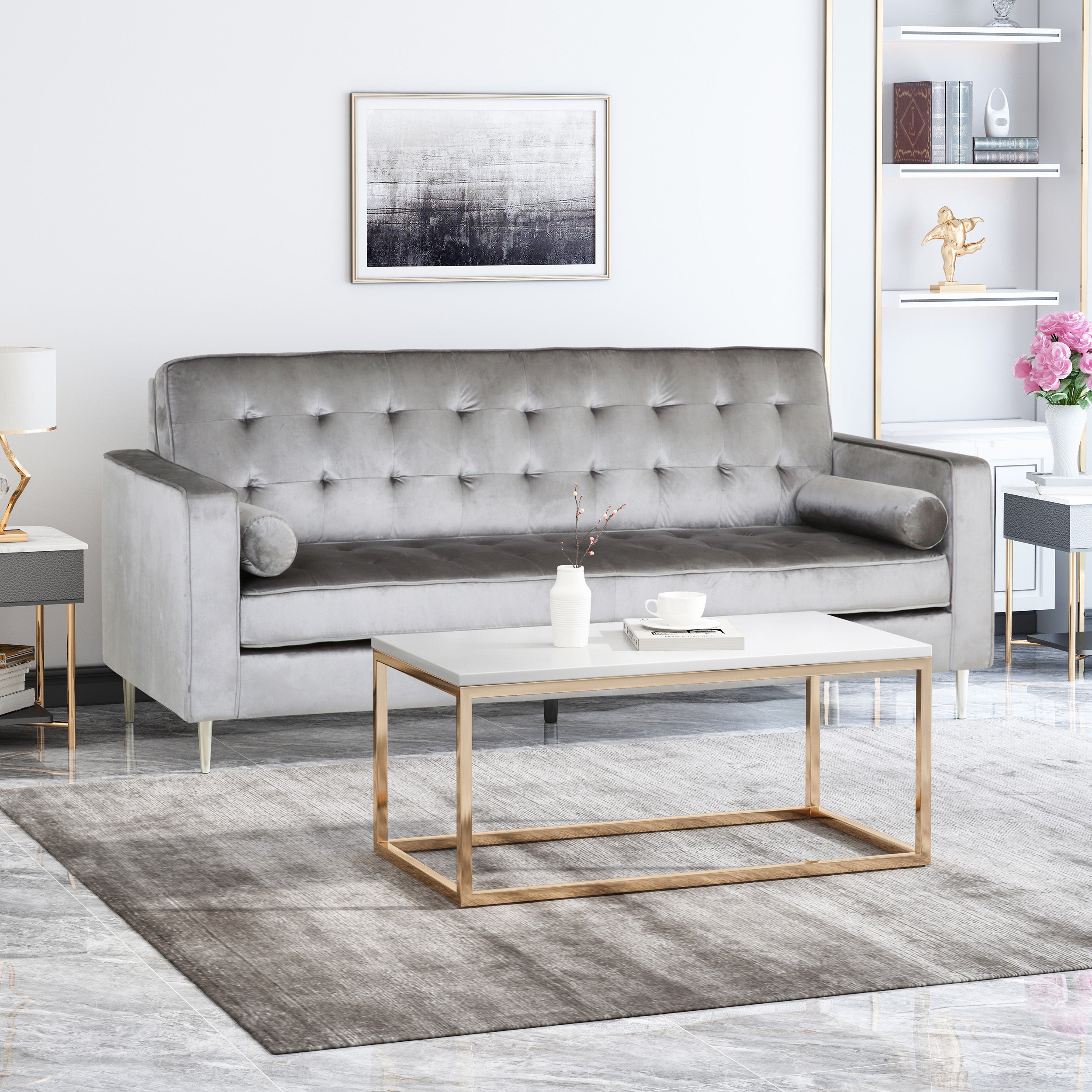 Jamorion Modern Glam Tufted Velvet 3 Seater Sofa