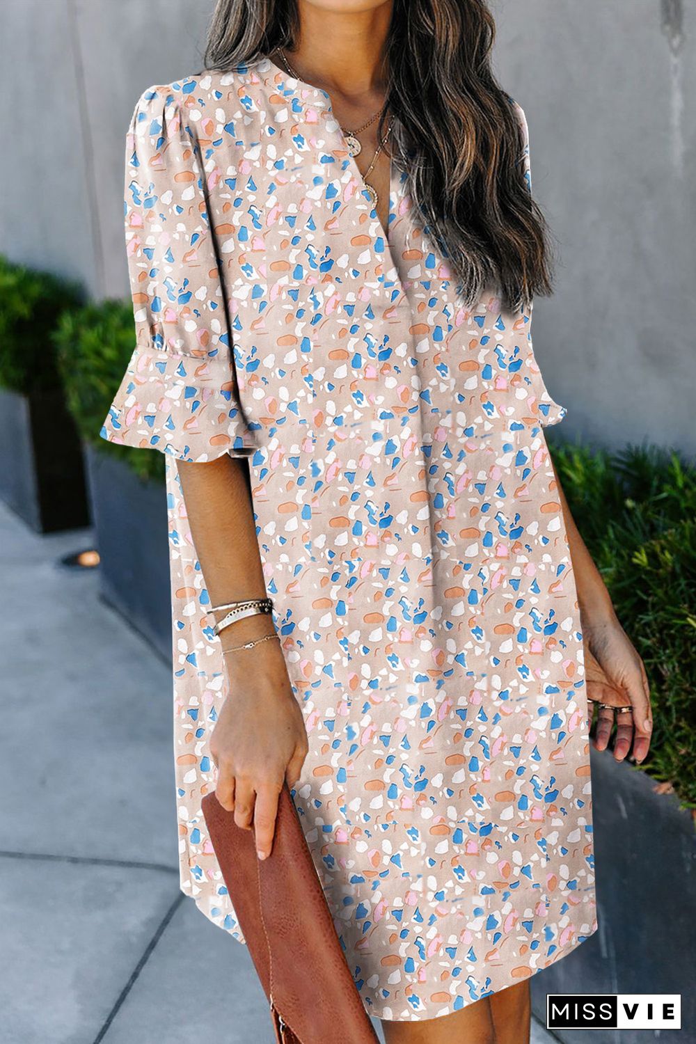 Pink Ruffled Sleeves Abstract Print Shift Dress