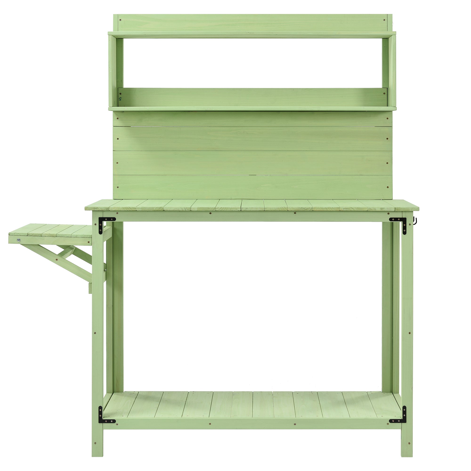 CoSoTower 65Inch Garden Wood Workstation Backyard Potting Bench Table With Shelves, Side Hook And Foldable Side Table, Green