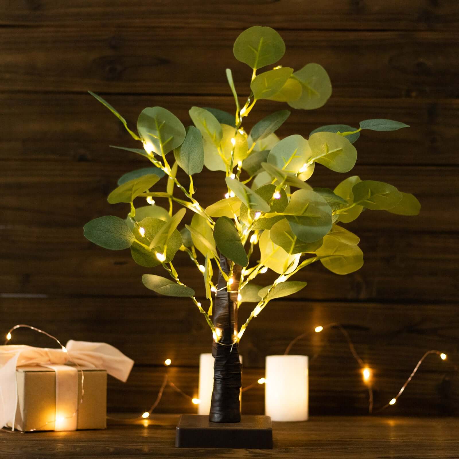 Warm White 50LED Fairy Lighted Artificial Eucalyptus Plant, Battery Operated Tabletop Lighted Tree 17