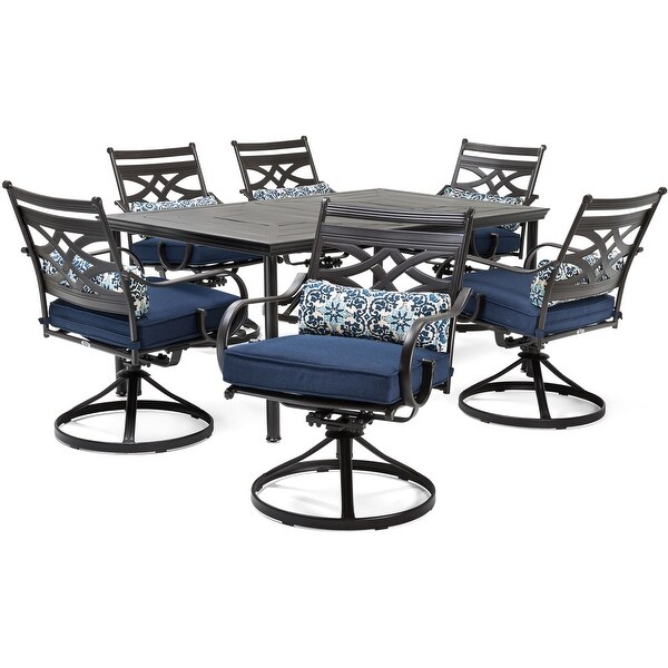 Hanover Montclair 7Piece Dining Set in Navy Blue with 6 Swivel Rockers