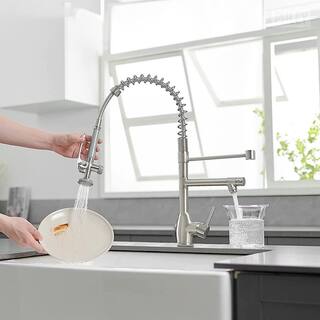 GIVING TREE Single-Handles 2-Spout Commercial Pre-Rinse Spring Pull Down Sprayer Kitchen Faucet in Brushed Nickel HDLTQA0019