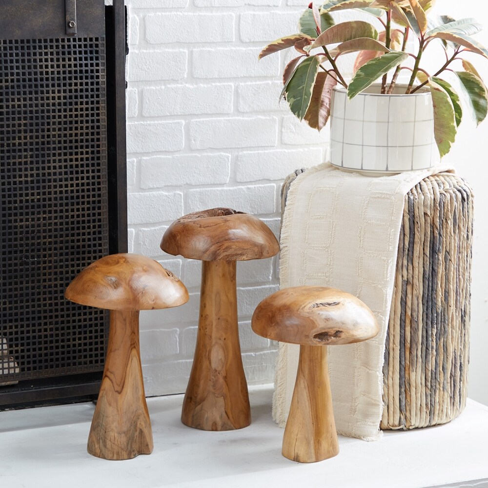 Brown Teak Wood Handmade Live Edge Mushroom Sculpture with Natural Smooth Finish (Set of 3)   S/3 16\