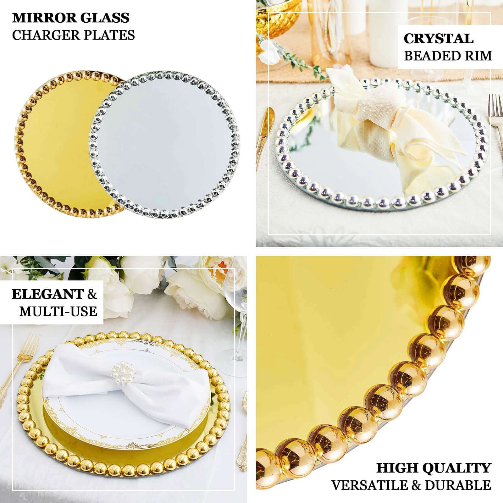 2 Pack Gold  Mirror Glass Charger Plates with Pearl Beaded Rim 13