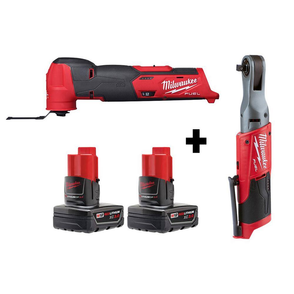 MW M12 FUEL 12V Lithium-Ion Cordless Oscillating Multi-Tool and 38 in. Ratchet with two 3.0 Ah Batteries 2526-20-2557-20-48-11-2412