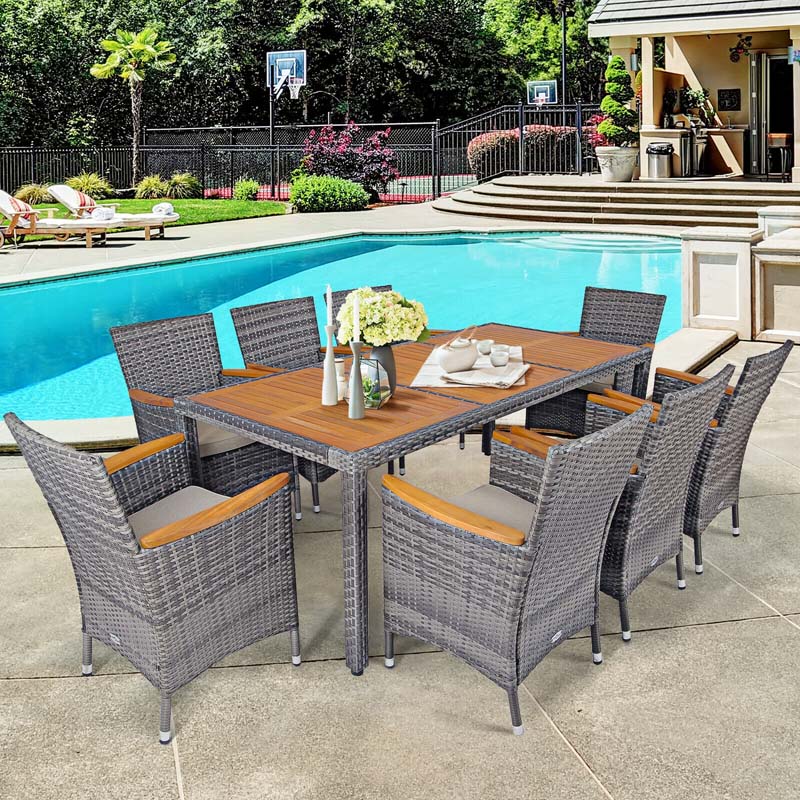 9 Pcs Rattan Patio Dining Set Outdoor Furniture Set with Acacia Wood Table & Cushioned Armchairs