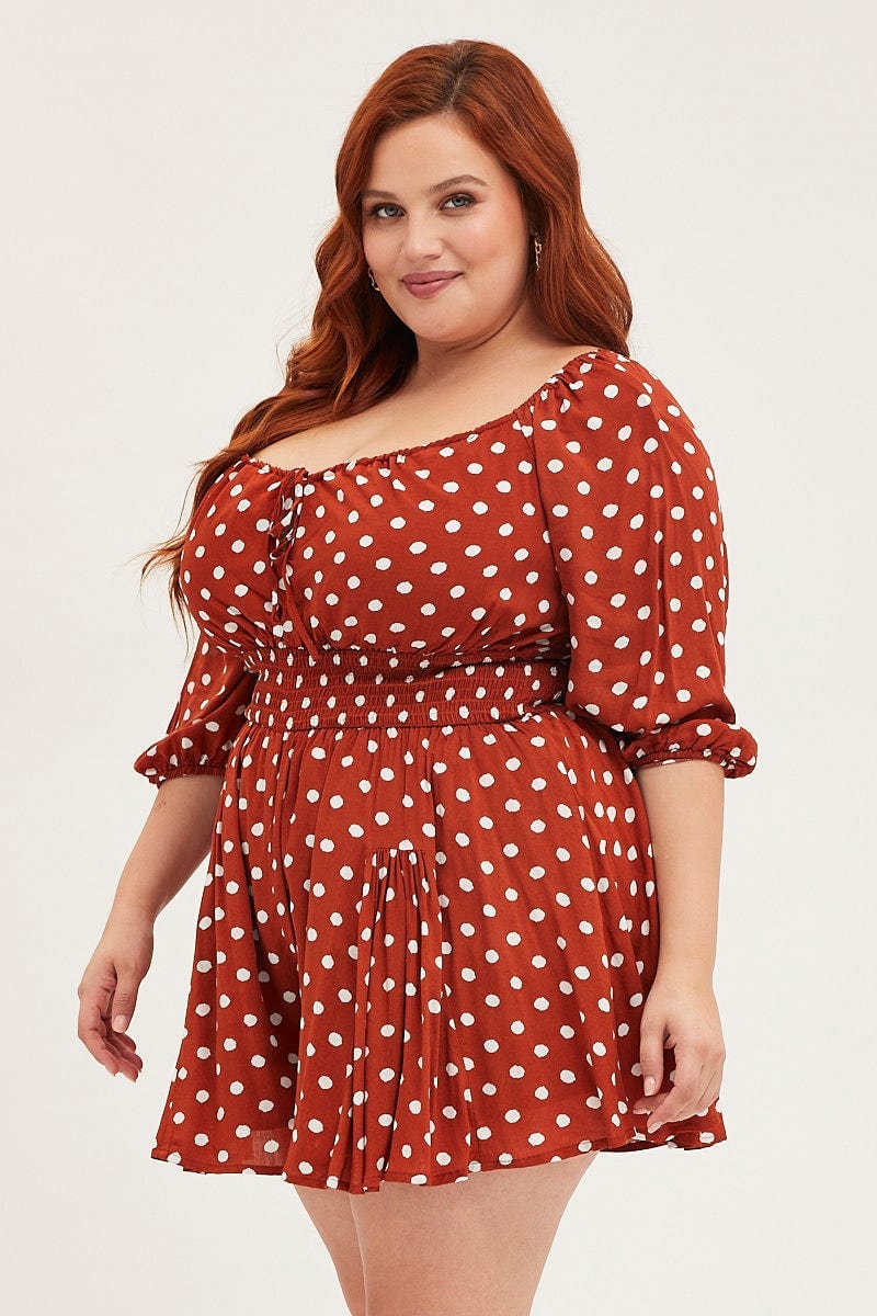 Polka Dot Playsuit Square Neck Long Sleeve