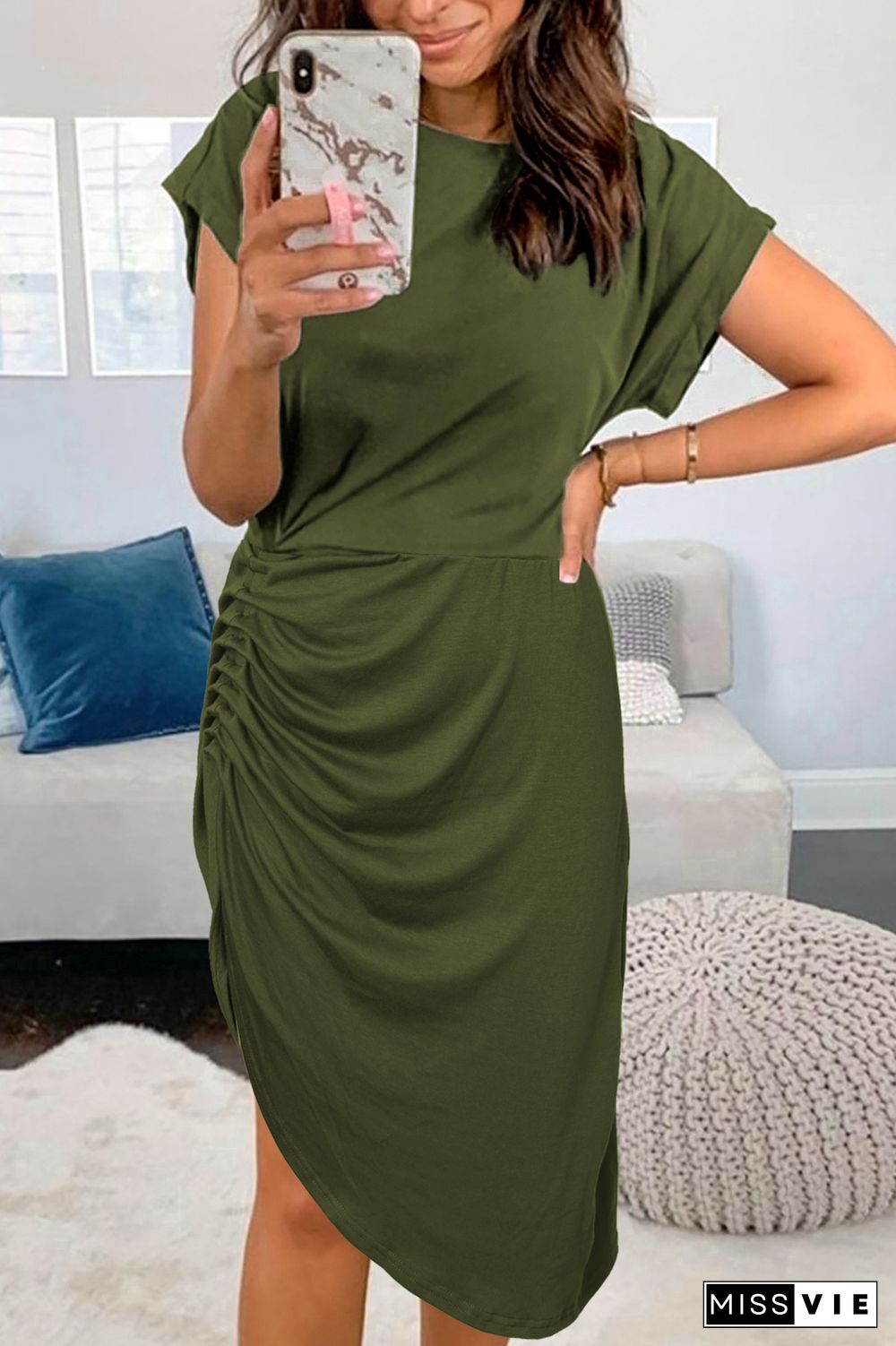 Green Side Shirring Short Sleeve Mini Dress