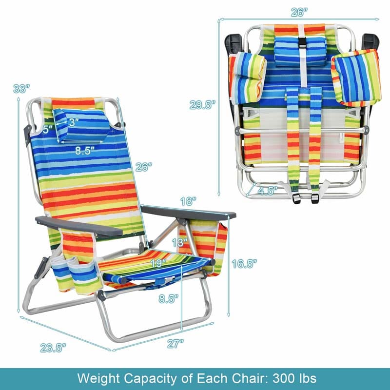 2-Pack Folding Beach Chair, Backpack Lawn Chairs, Sling Camping Chair, Patio Reclining Chairs with 5 Adjustable Position, Head Pillow