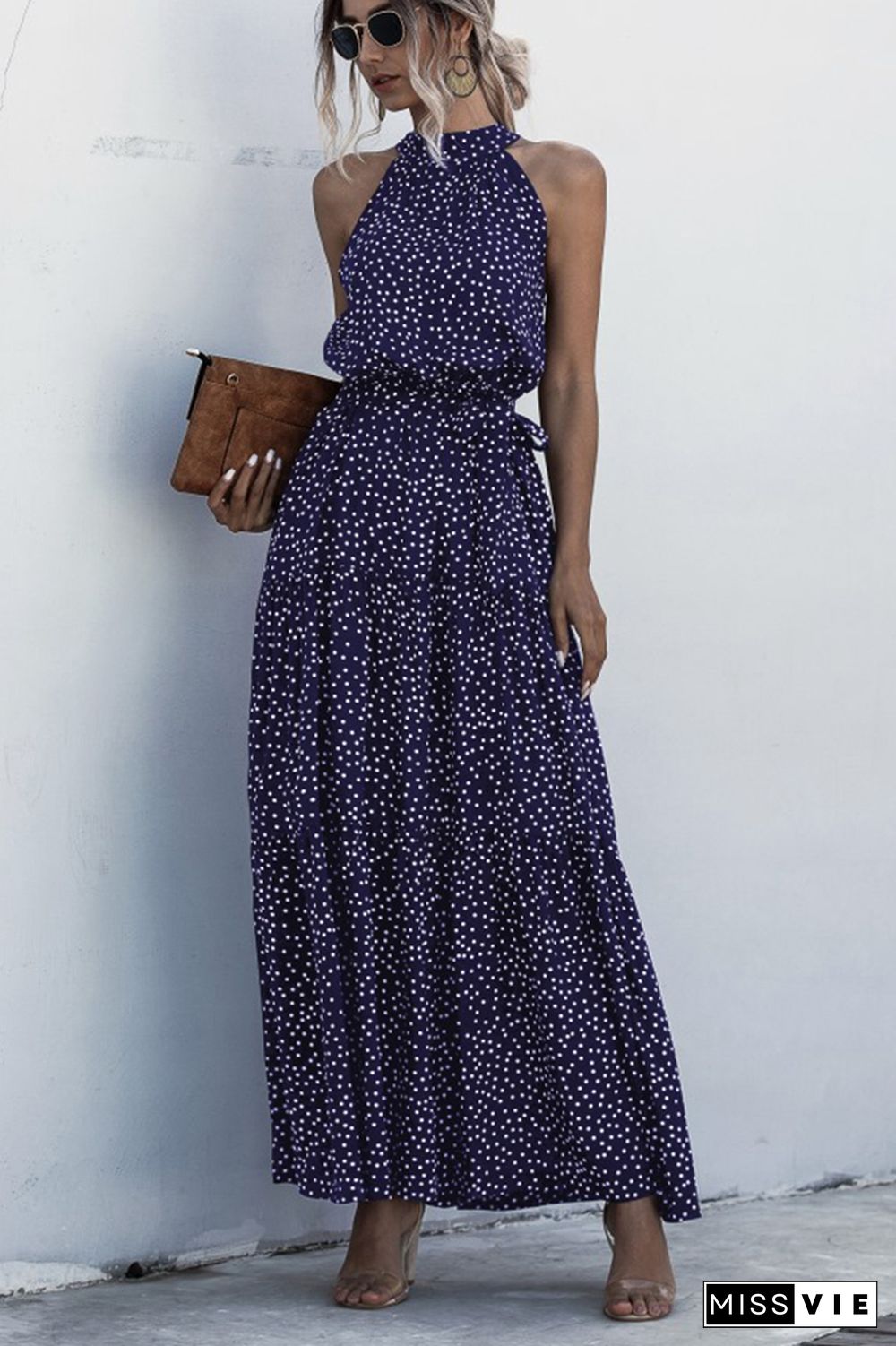 Halter Polka Dot Print Tie Waist Maxi Dress Wholesale