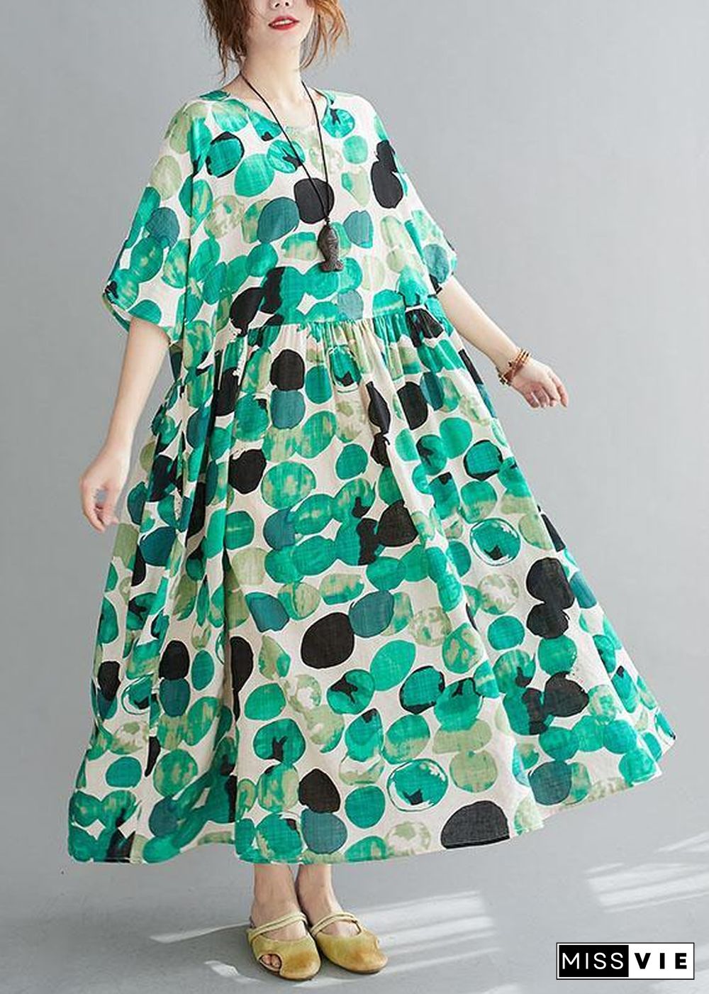 Fashion Green Dot Print Pockets Summer Vacation Dresses Half Sleeve