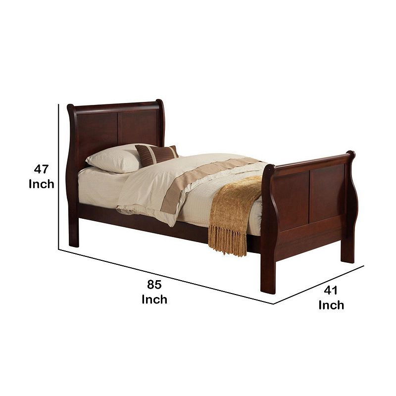 Transitional Panel Design Sleigh Twin Size Bed， Cherry Brown