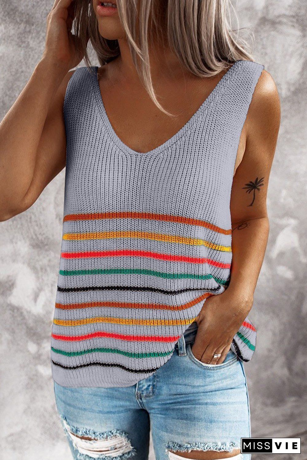 KarliDress Colorful Stripe Jersey V-Neck Tank Top P12479