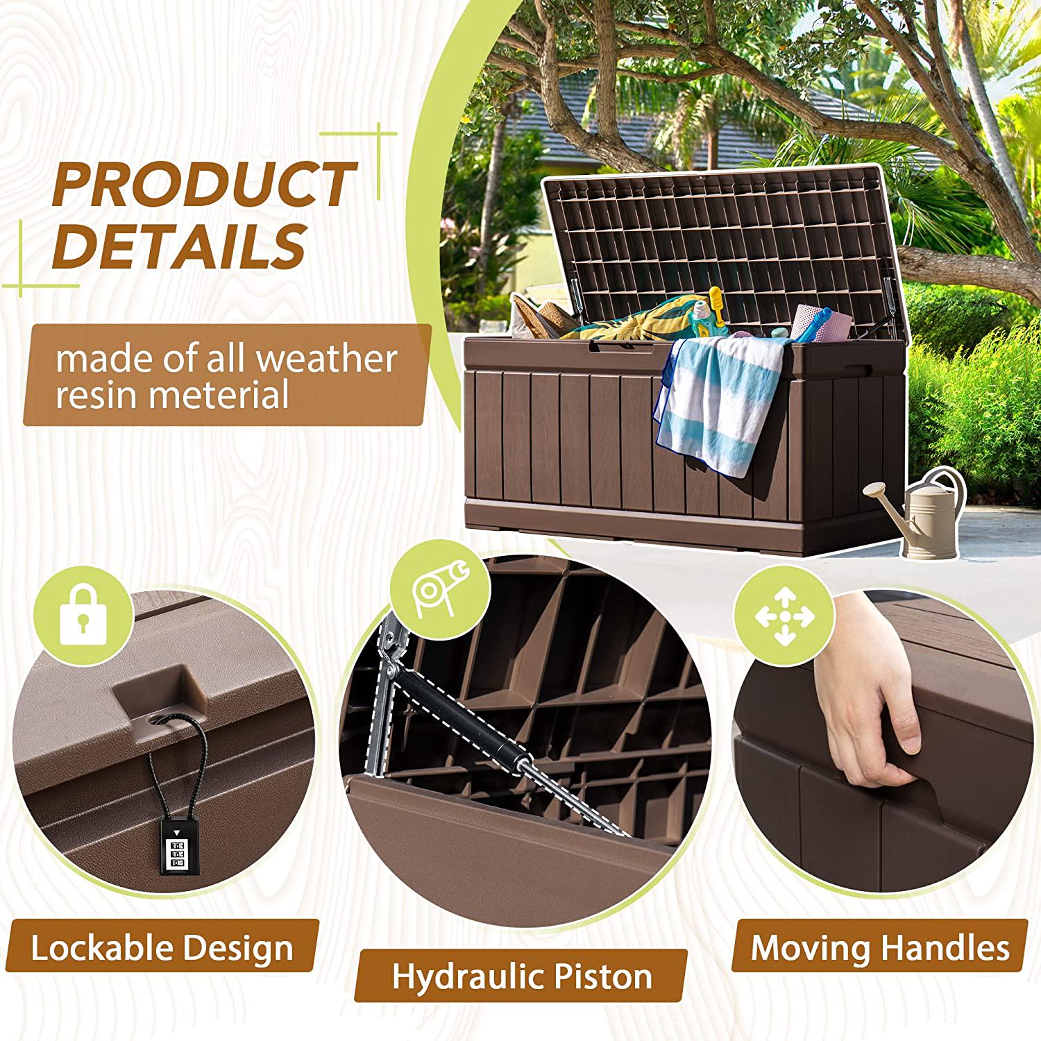 GUNJI 83 Gallons Storage Box Outdoor Waterproof Large Resin Deck Box Patio Storage Bench Lockable Storage Container for Outdoor Cushions, Garden Tools and Pool Supplies (Brown)