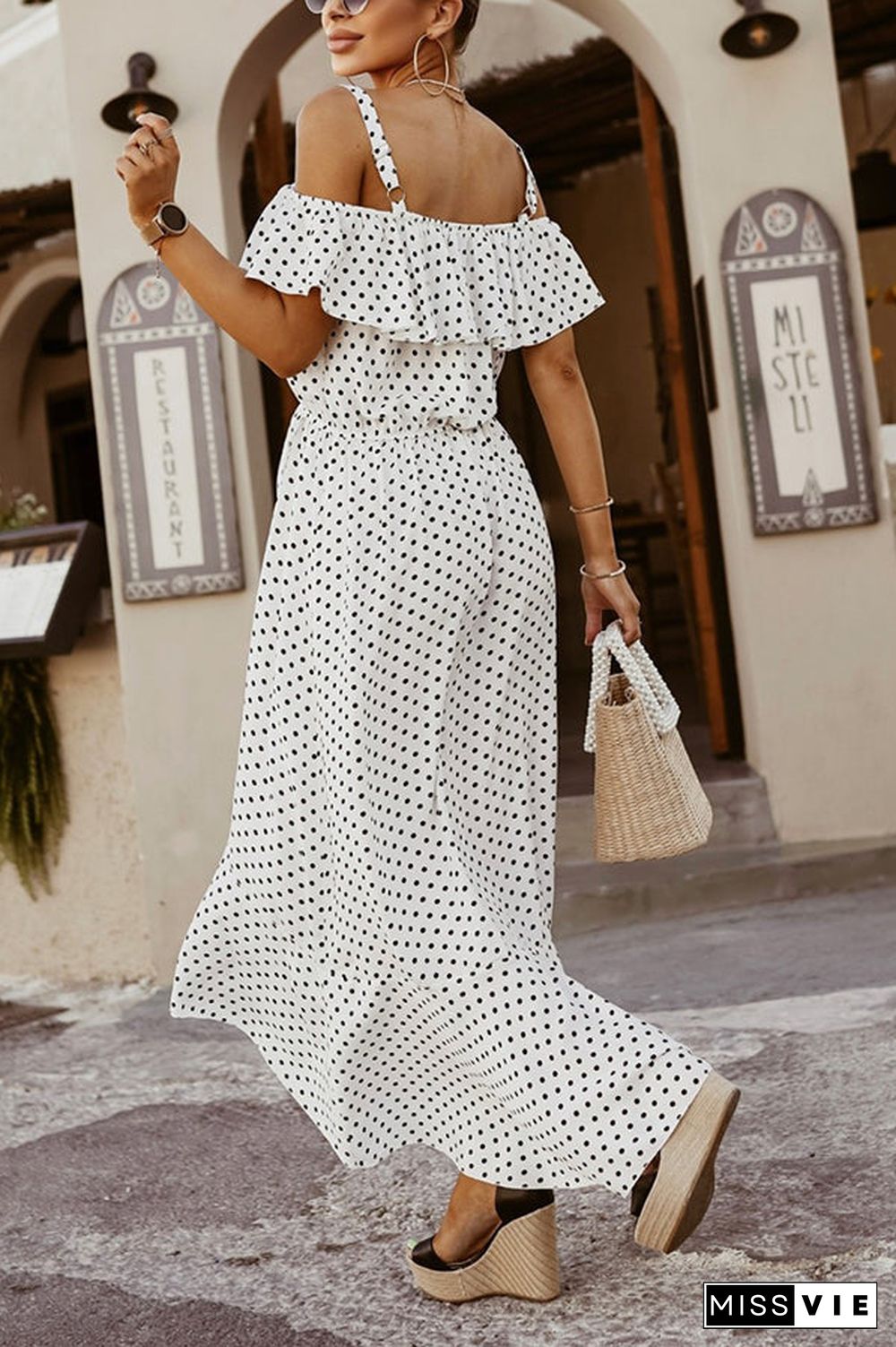 Dot Ruffles Off Shoulder Irregularity Maxi Dress