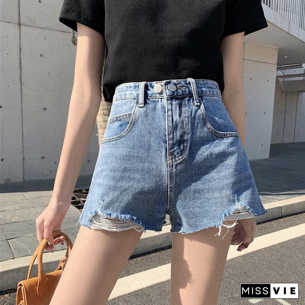 Woman Jeans Shorts Ripped Clothes High Waisted Summer Streetwear Baggy Wide Leg Vintage Fashion The New Blue Harajuku Pants