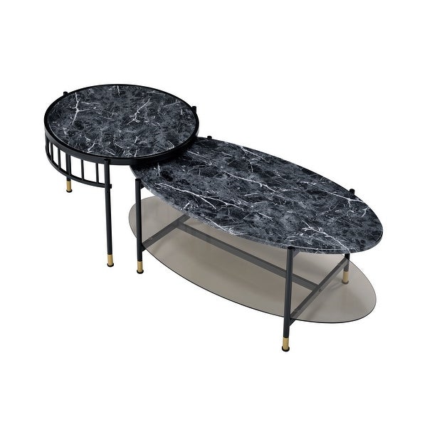 Nesting Coffee Table with 2 Pc Nesting Table Set and Marble Grain Table Top， Center Table with Metal Lags for Living Room， Office