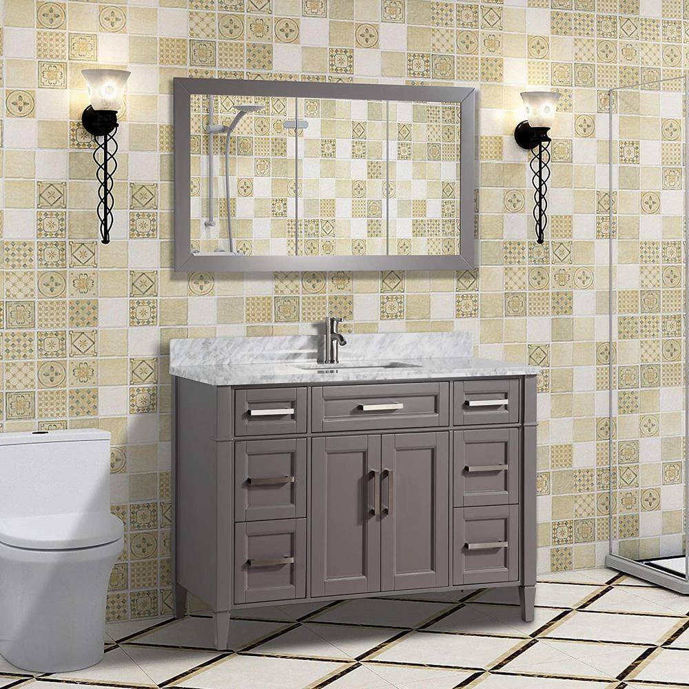 Vanity Art Savona 48 in. W x 22 in. D x 36 in. H Vanity in Grey with Single Basin Vanity Top in White and Grey Marble and Mirror VA2048-G