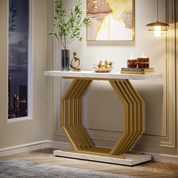 40 Inch Modern Gold Console Table， Faux Marble Entryway Table for Living Room