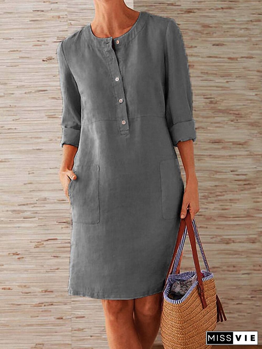 Ladies Cotton Linen Round Neck Long Sleeve Dress