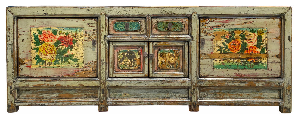 Chinese Distressed Light Green Celadon Graphic Low TV Console Cabinet Hcs6947   Asian   Entertainment Centers And Tv Stands   by Golden Lotus Antiques  Houzz
