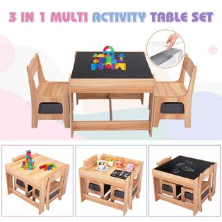 Nyeekoy 3 in 1 Kids Table and Chair Set Wooden Activity Table with Drawers Natural TH17E0537