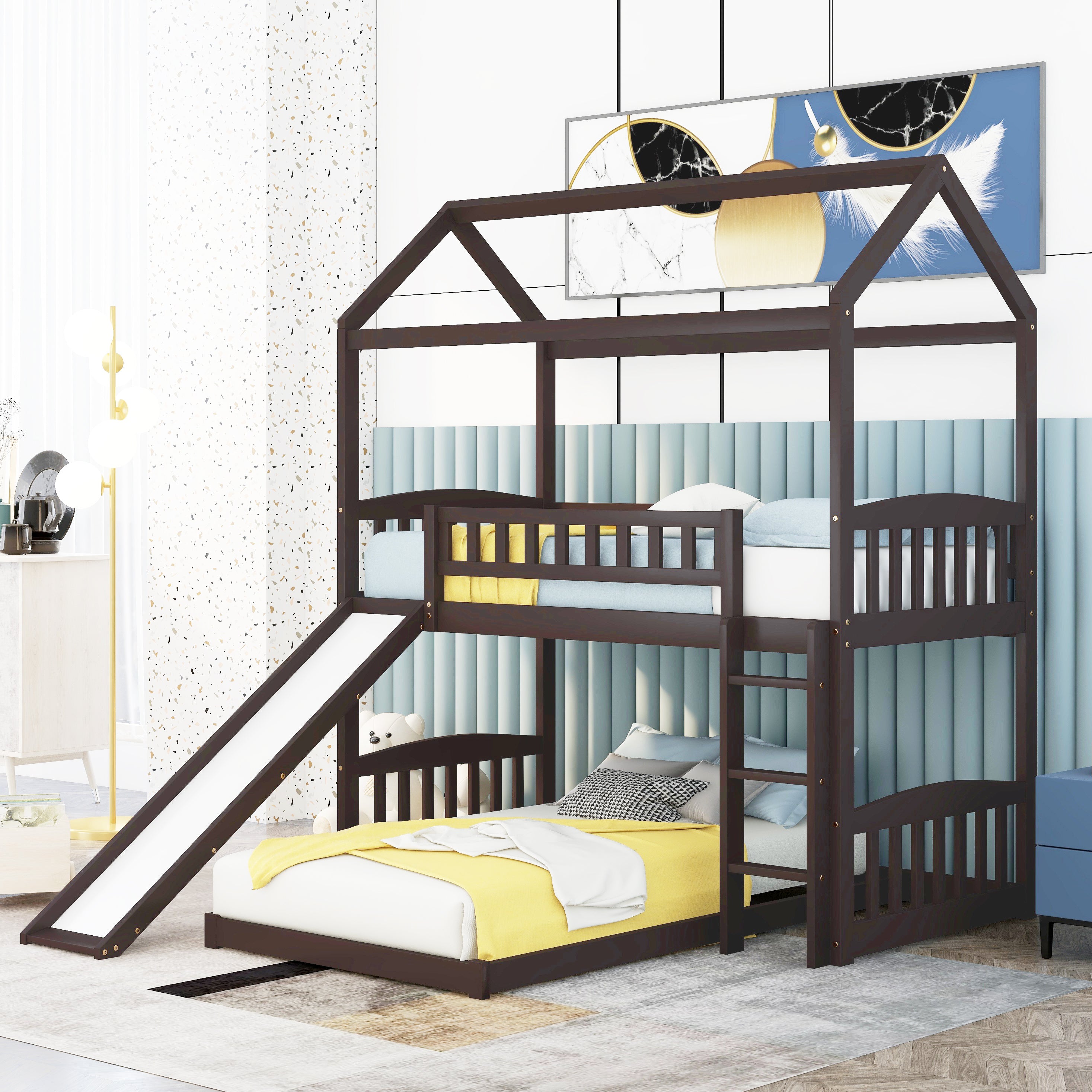 Bellemave House Bunk Bed with Slide, Wood Twin Over Twin L-Shape Bunk Bed Frame with Ladder for Kids Teens (Espresso)