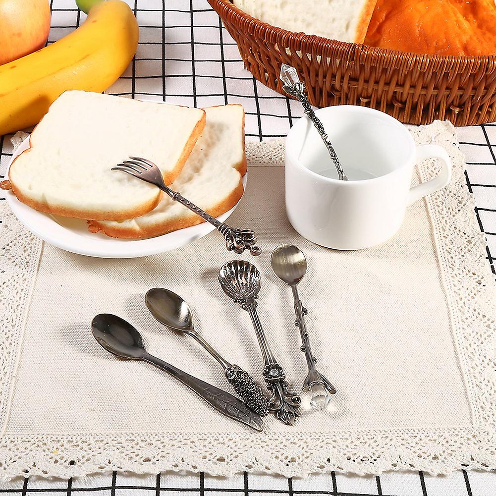 6Pcs/Set Retro Royal Style Mini Coffee Spoons and Fork Kitchen Fruit Dinnerware Antique Brass