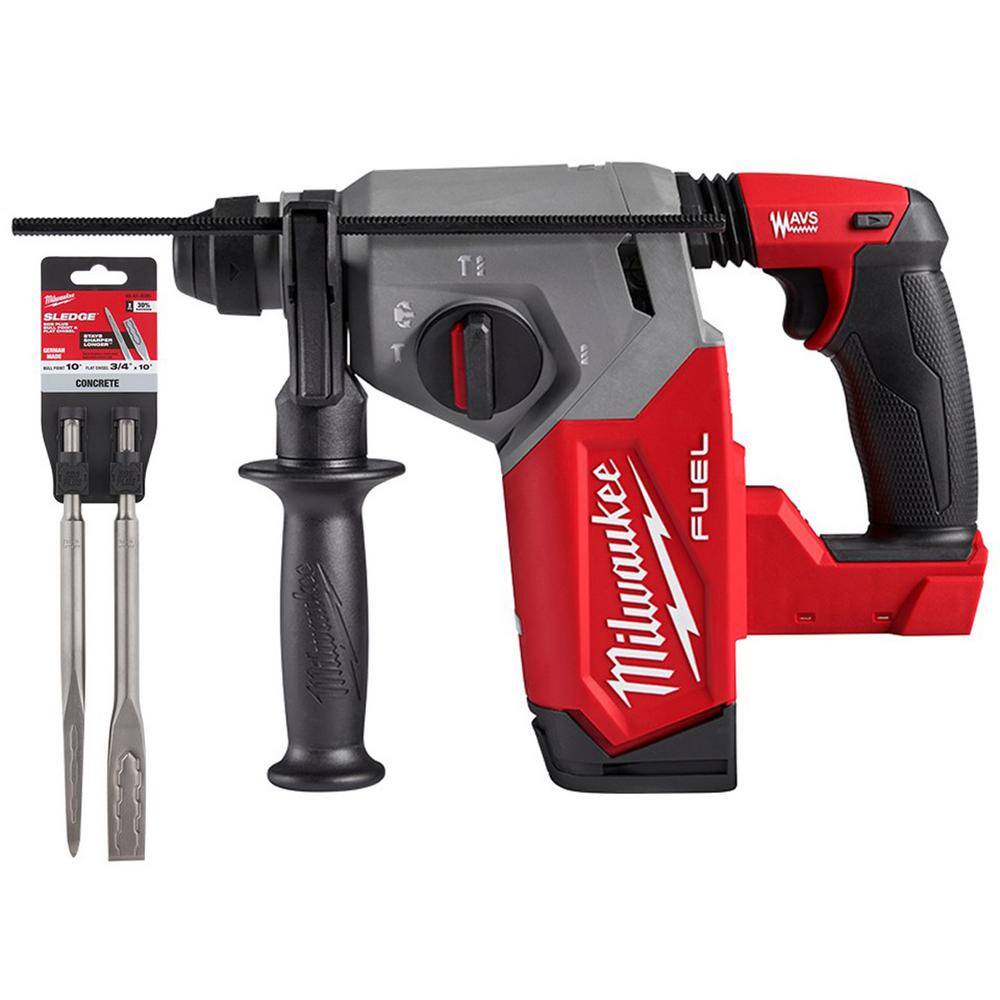 MW M18 FUEL 18V Lithium-Ion Brushless Cordless 1 in. SDS-Plus Rotary Hammer with 10 in. Bull Point  Steel Flat Chisel 2912-20-48-62-6080