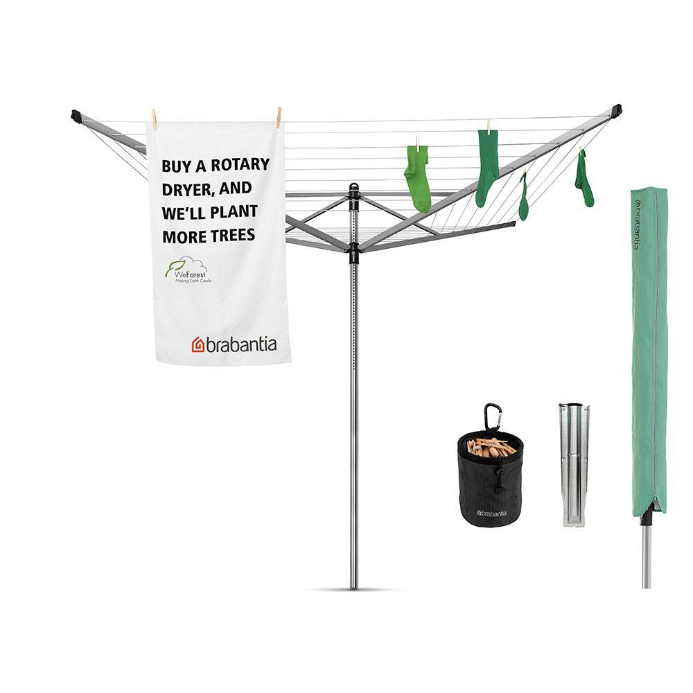 Brabantia 116.1 x 116.1 in. Rotary Clothesline Lift-O-Matic with Ground Spike Clothespin Bag Protective Cover and Clothespins 311321