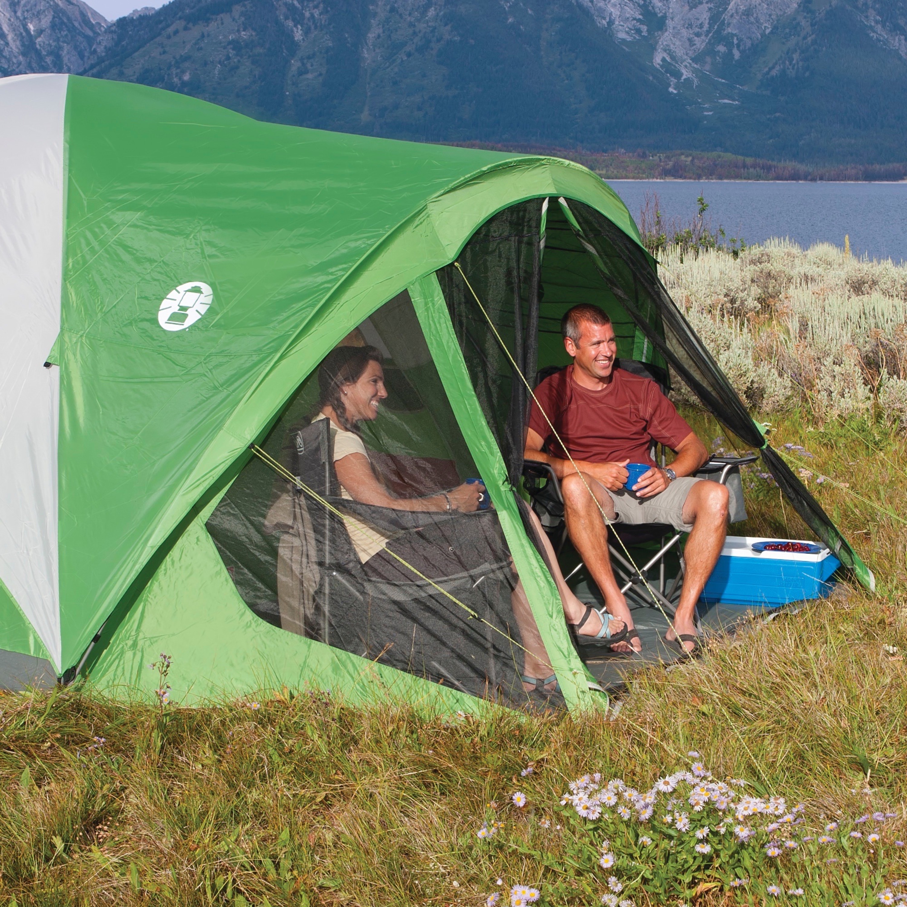 Coleman Evanston 6-Person Dome Tent with Screen Room， 2 Rooms， Green