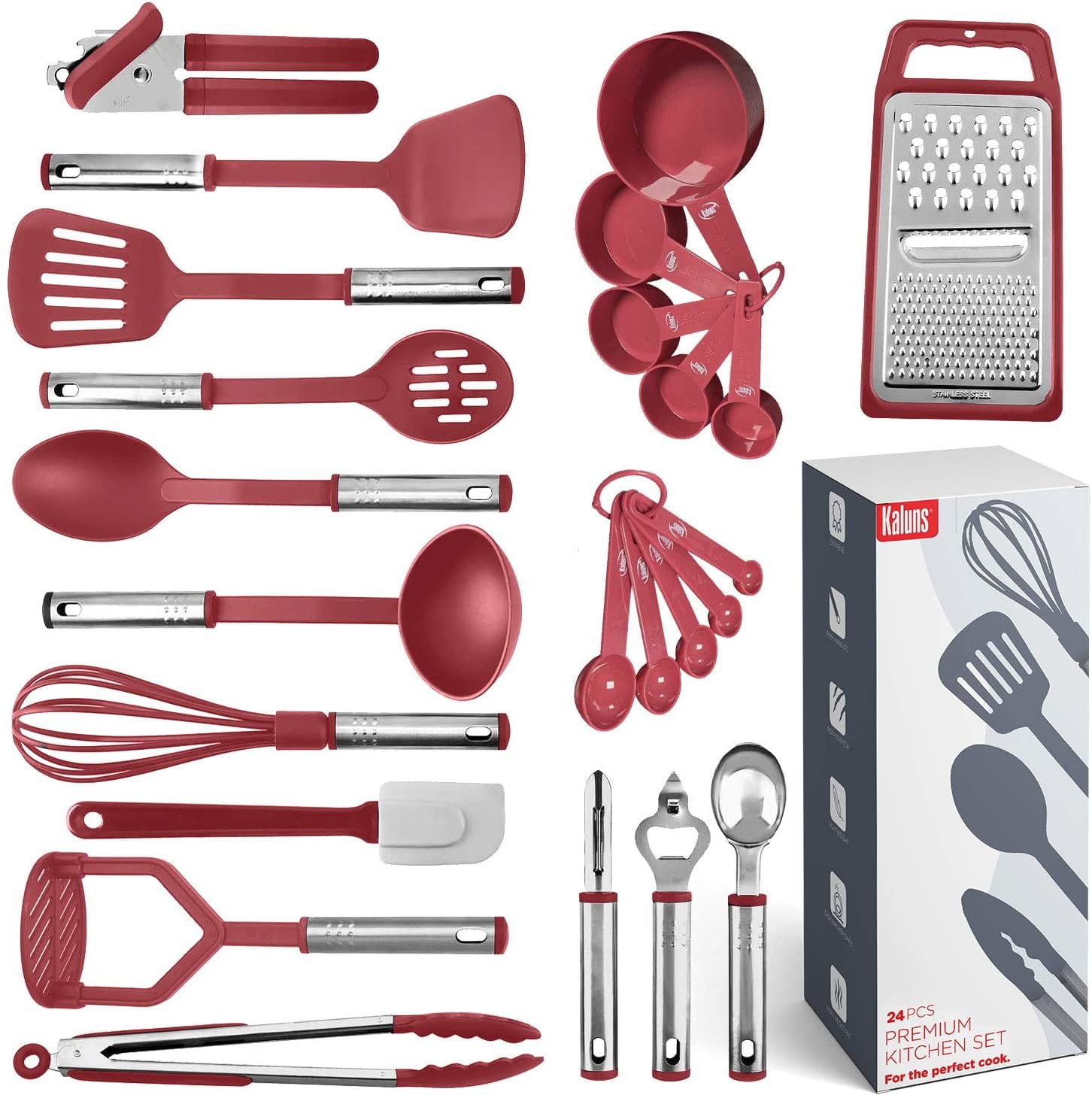 Kaluns Nylon and Stainless Steel Non-Stick and Heat Resistant Kitchen Cooking Utensil Set, 24 Piece, Red